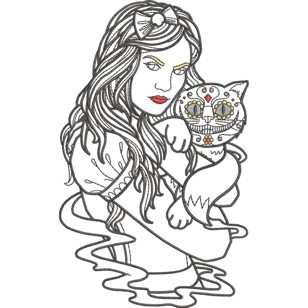 Girl with Cat Embroidery Design