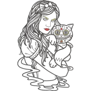 Diseño de bordado de niña con gato