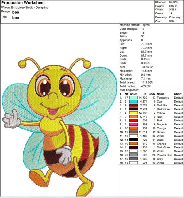 fly bee embroidery design color sheet