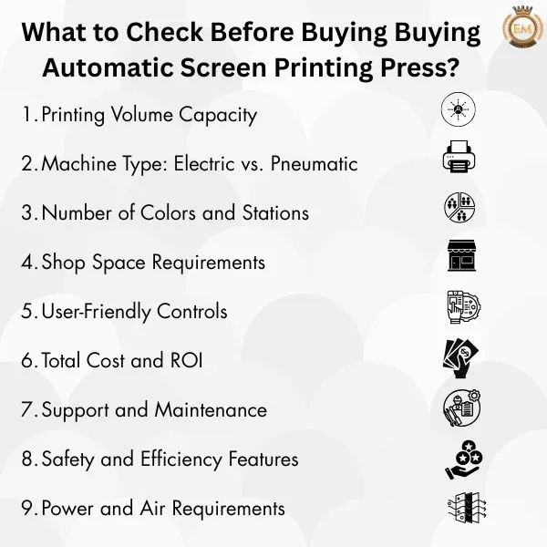 What is an Automatic Screen Printing Press? Tutto quello che devi sapere 7 What to Check Before Buying Buying Automatic Screen Printing Press