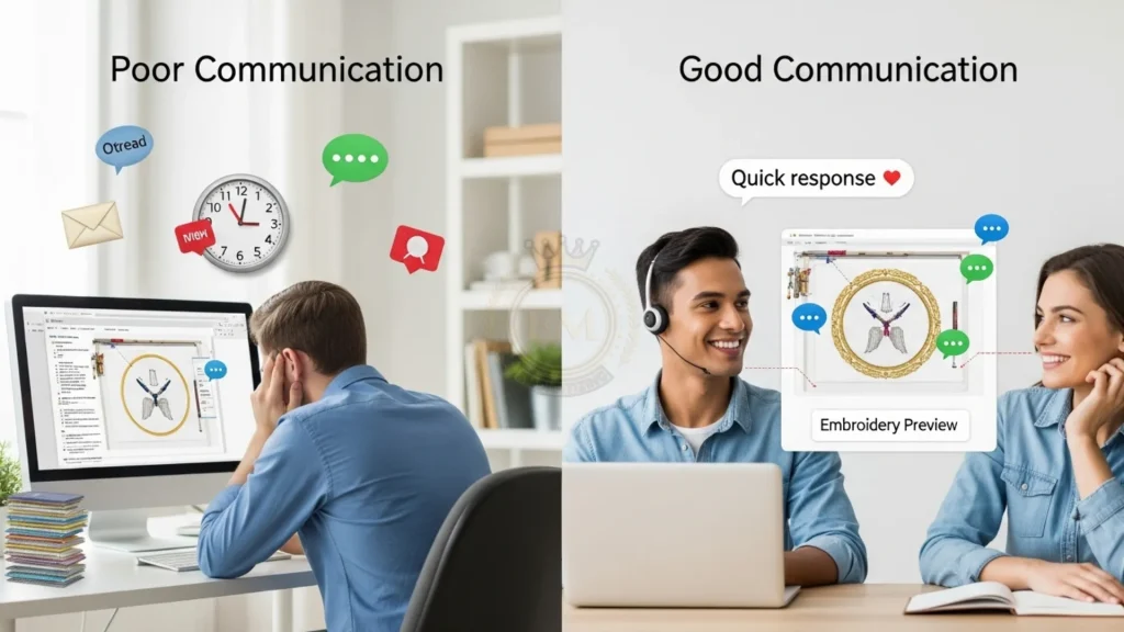 oben 7 Zu vermeidende Fehler bei der Auswahl eines Dienstes für die Digitalisierung von Maschinenstickereien 5 Overlooking Communication and Responsiveness
